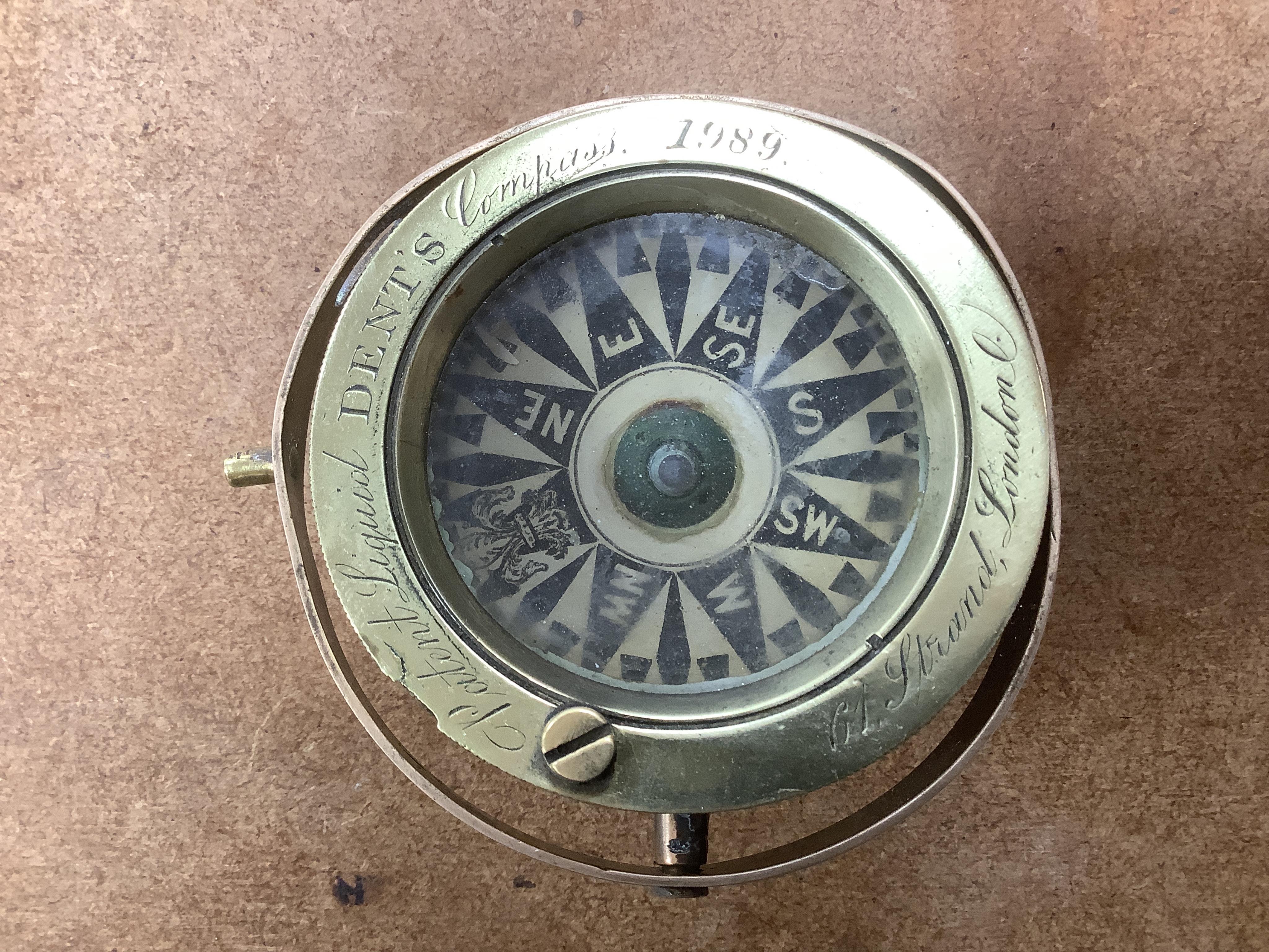 A 19th century copper and brass binnacle compass by F. Dent, London, no.1989, 22cm. Condition - poor to fair